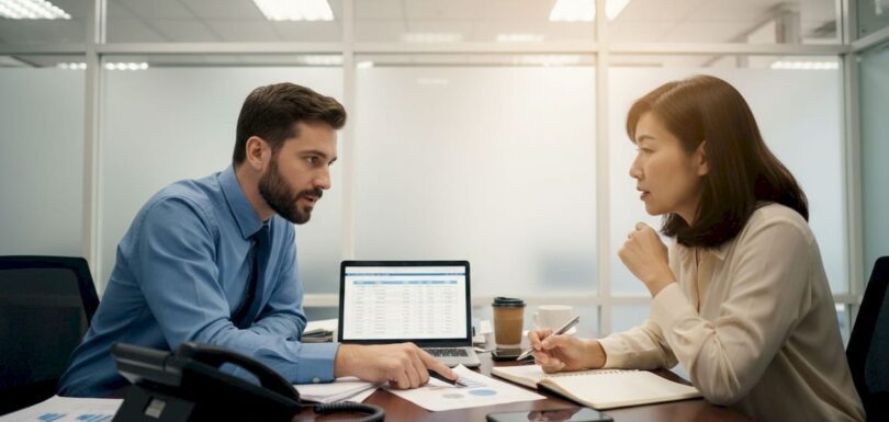 Business advisor consulting with SME client in office