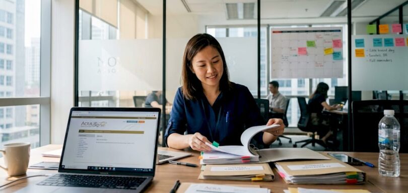 Secretary reviewing compliance files in Singapore office