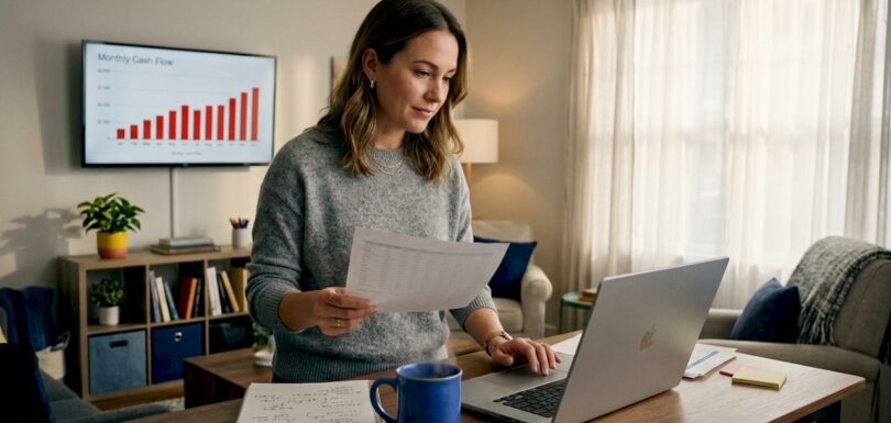 Founder reviewing financial data at home office desk