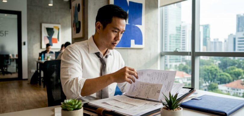 Business owner reviewing tax documents in office