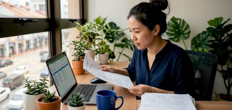 Company secretary reviewing documents in office