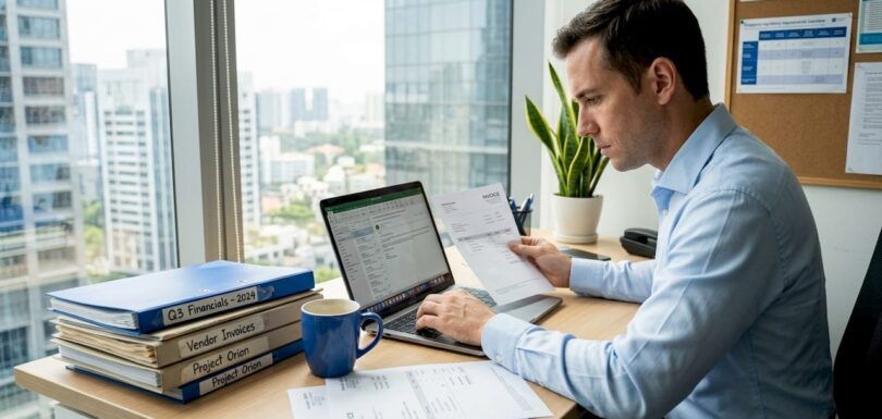 Business owner reviewing bookkeeping at desk