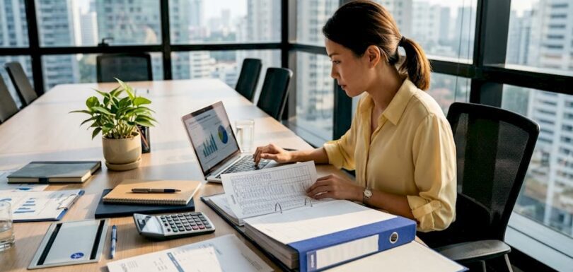 Businesswoman in Singapore reviewing bookkeeping and accounting