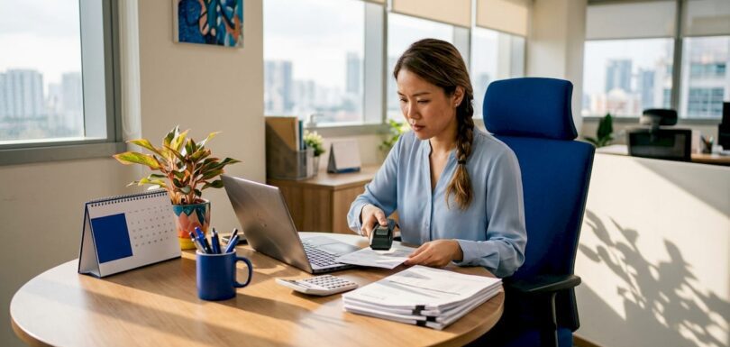 Accountant reviewing invoices in small office