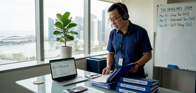 Tax advisor reviewing documents in Singapore office