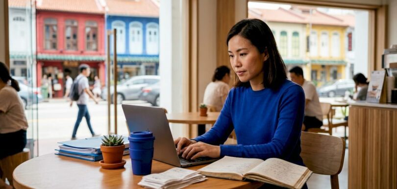 Singaporean woman records transactions in a tidy office