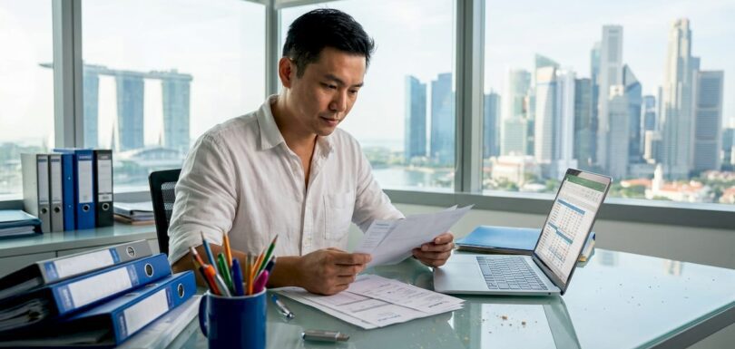 Singapore SME owner reviewing paper business records