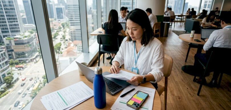 Businesswoman reviewing tax documents in open-plan office