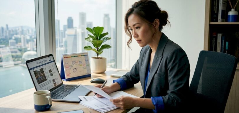 Business owner reviewing papers in office