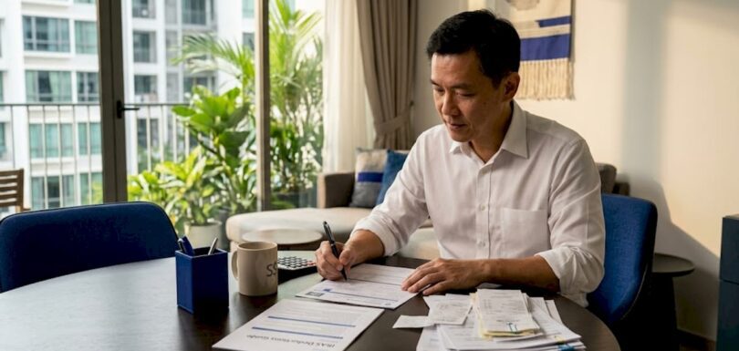 Man sorting tax forms home office Singapore