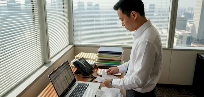 Finance manager reviewing tax records in office