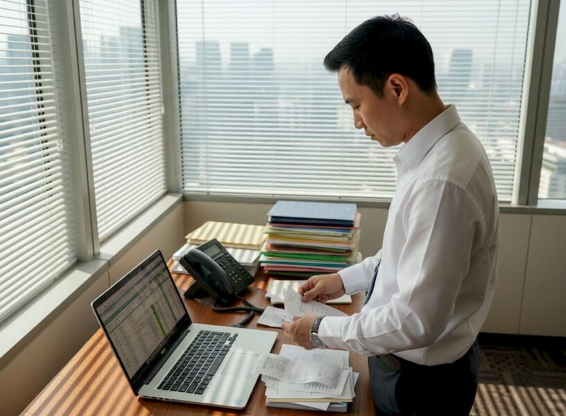 Finance manager reviewing tax records in office