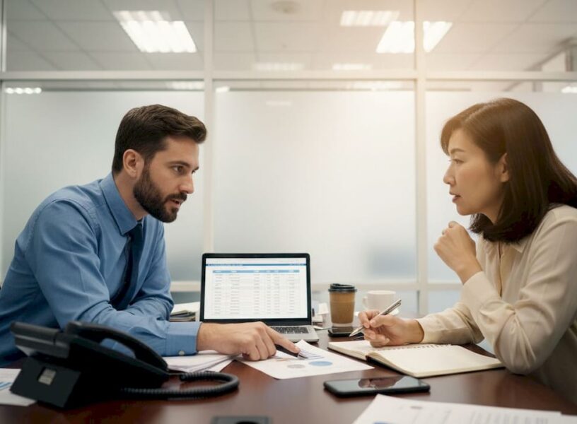 Business advisor consulting with SME client in office