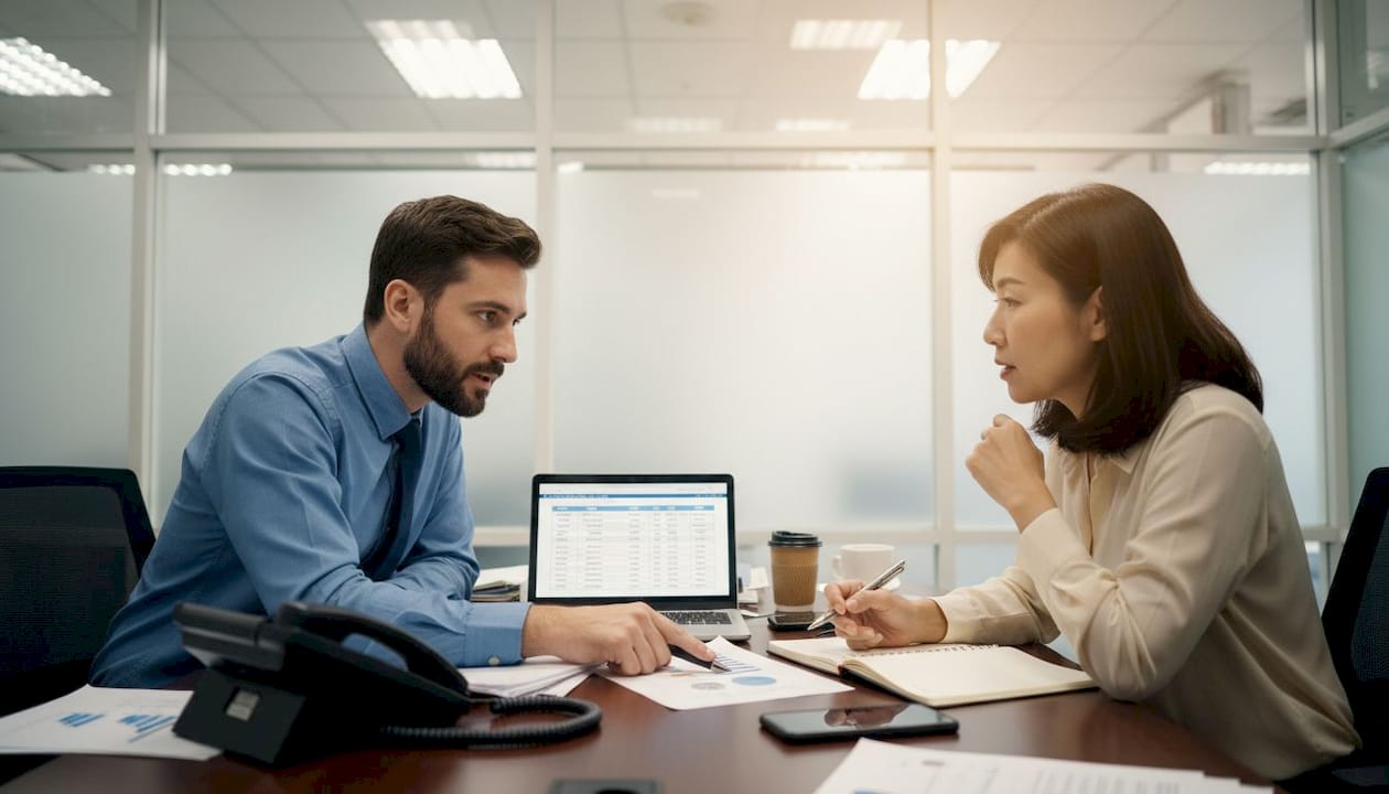 Business advisor consulting with SME client in office