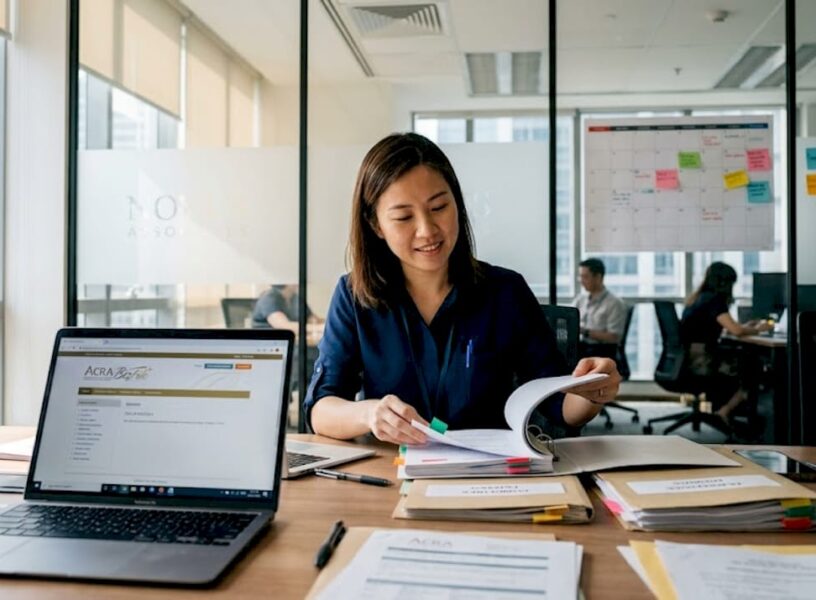Secretary reviewing compliance files in Singapore office