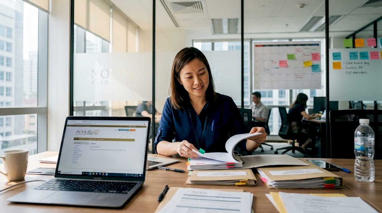 Secretary reviewing compliance files in Singapore office