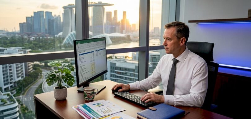 Tax consultant reviewing spreadsheet in Singapore office