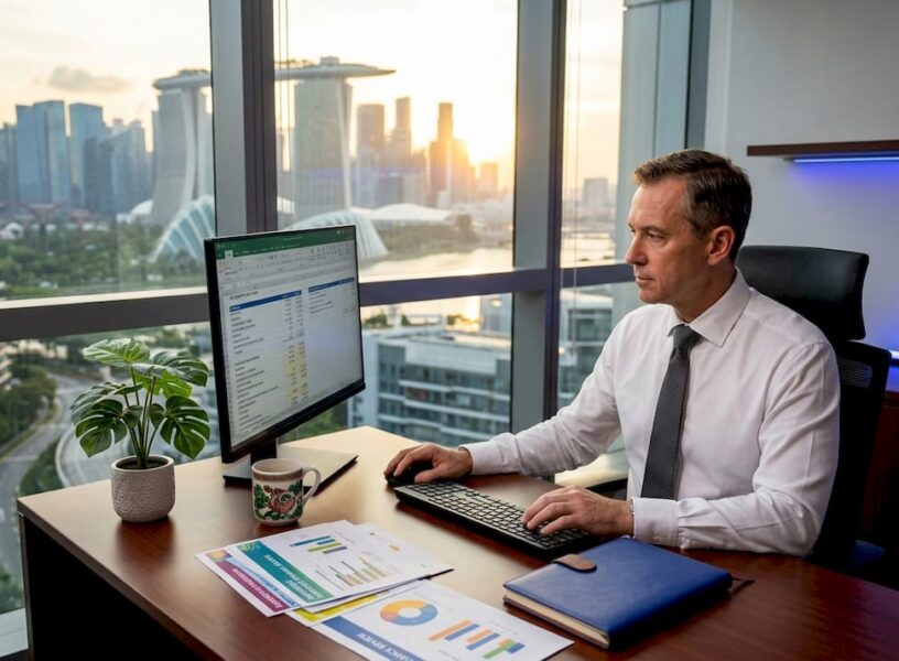 Tax consultant reviewing spreadsheet in Singapore office