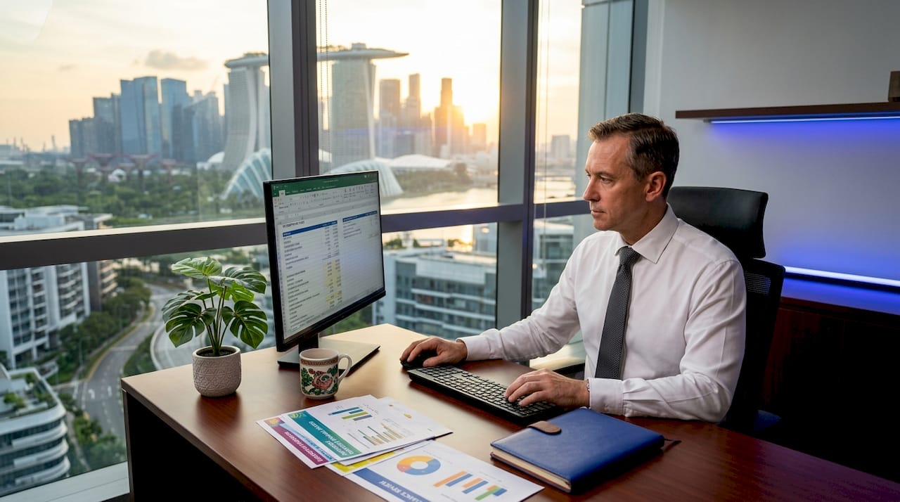 Tax consultant reviewing spreadsheet in Singapore office