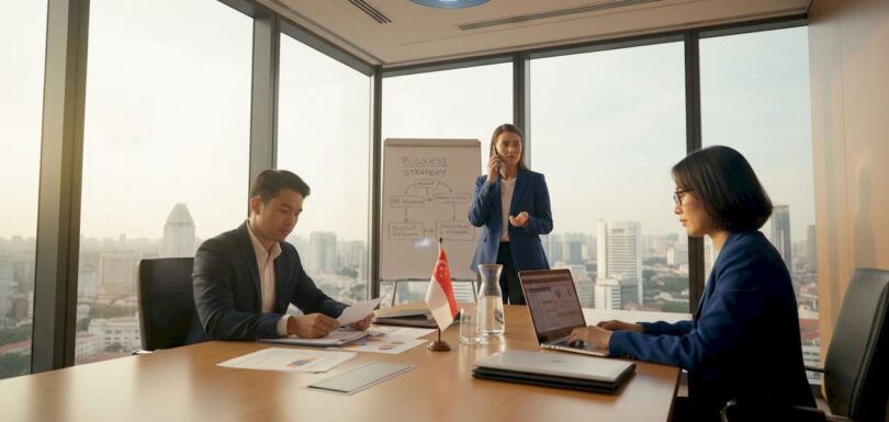 Business team in Singapore conference room