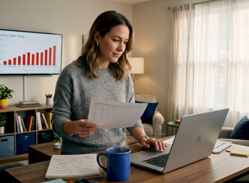Founder reviewing financial data at home office desk