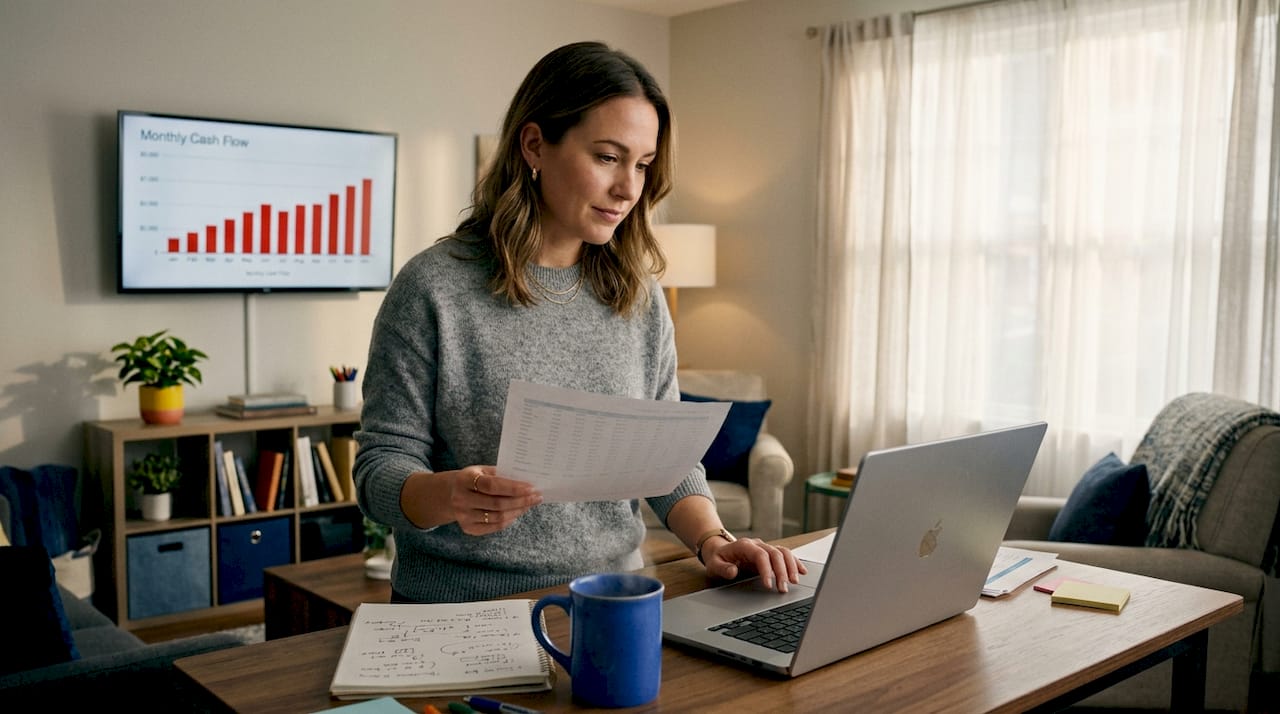 Founder reviewing financial data at home office desk
