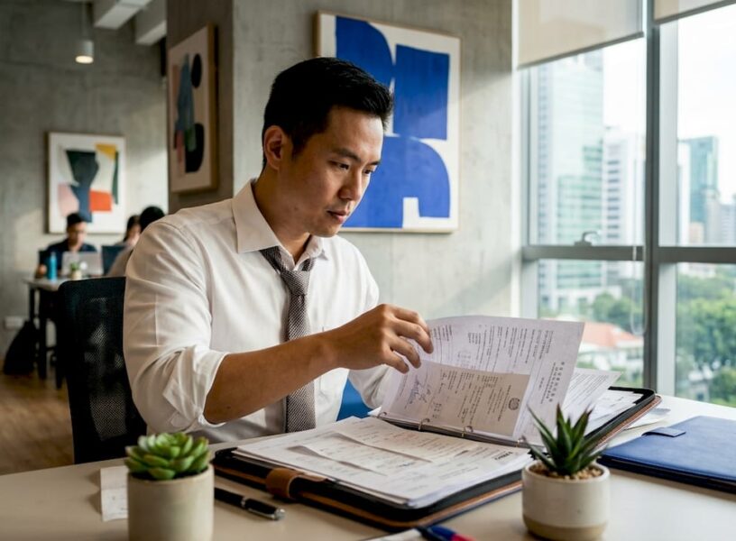 Business owner reviewing tax documents in office