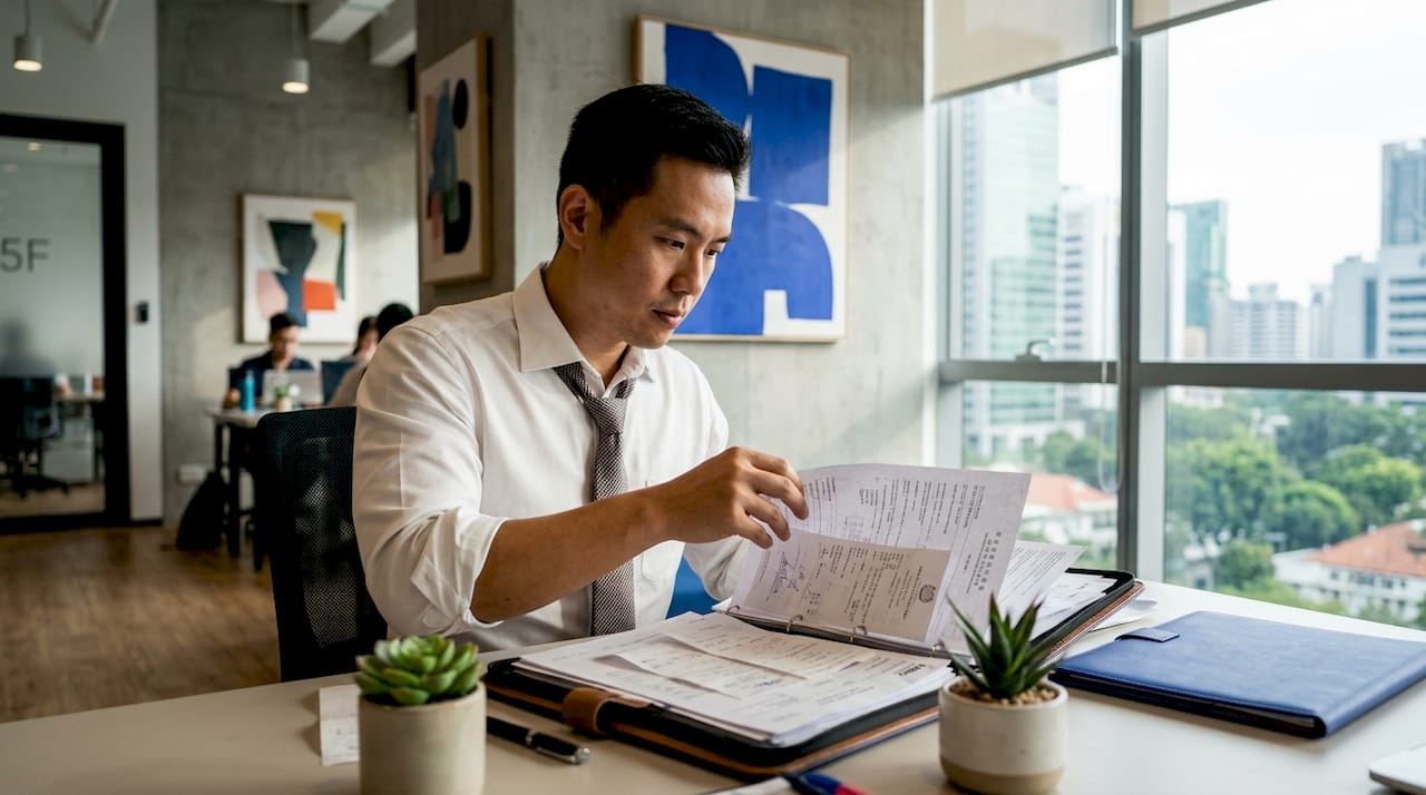 Business owner reviewing tax documents in office