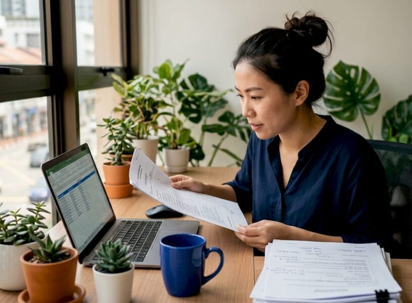 Company secretary reviewing documents in office