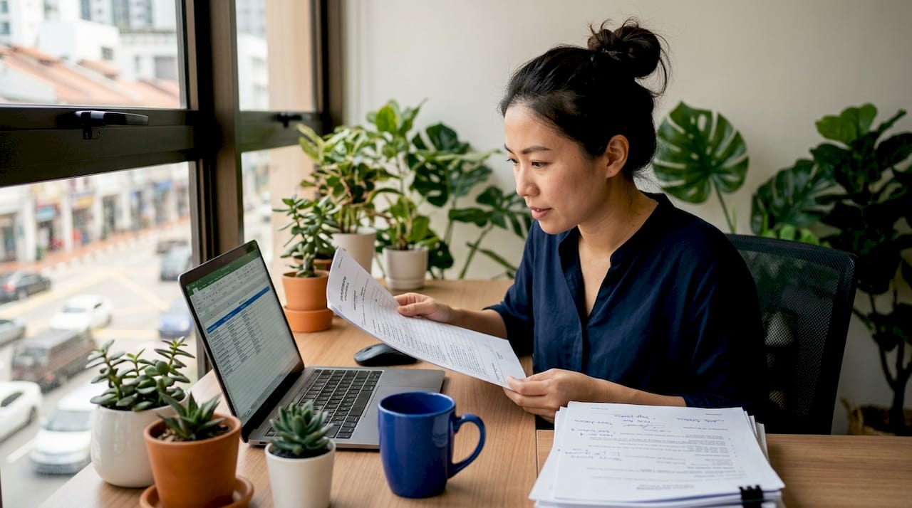 Company secretary reviewing documents in office