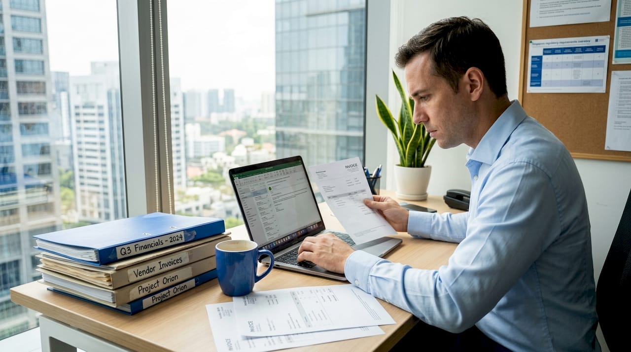 Business owner reviewing bookkeeping at desk