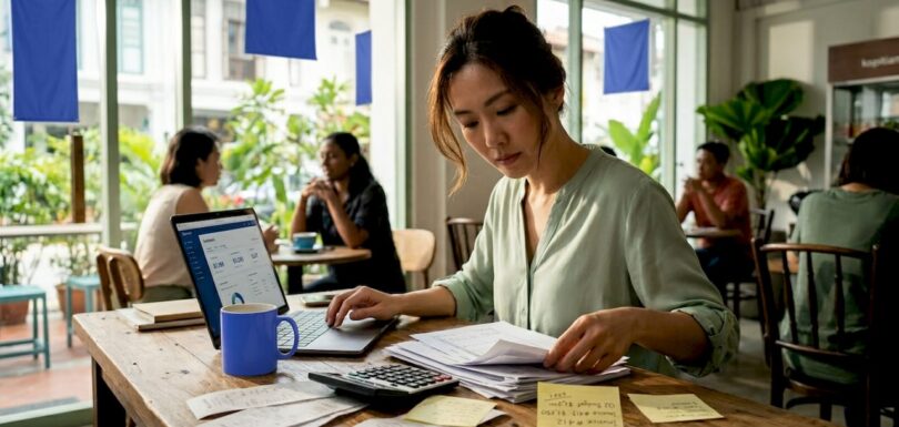 SME owner reviewing accounting documents in office