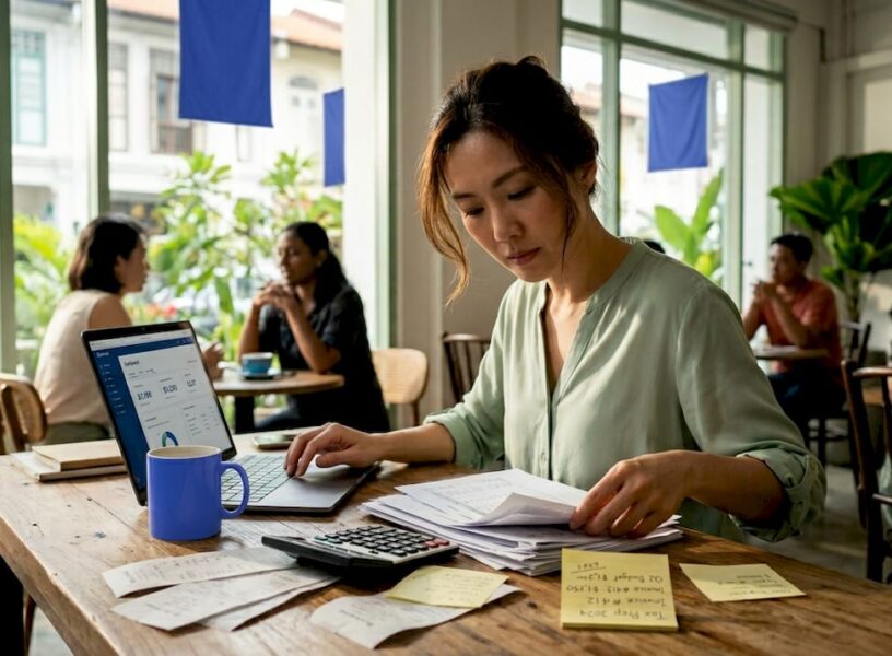 SME owner reviewing accounting documents in office