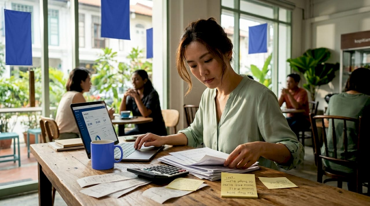 SME owner reviewing accounting documents in office