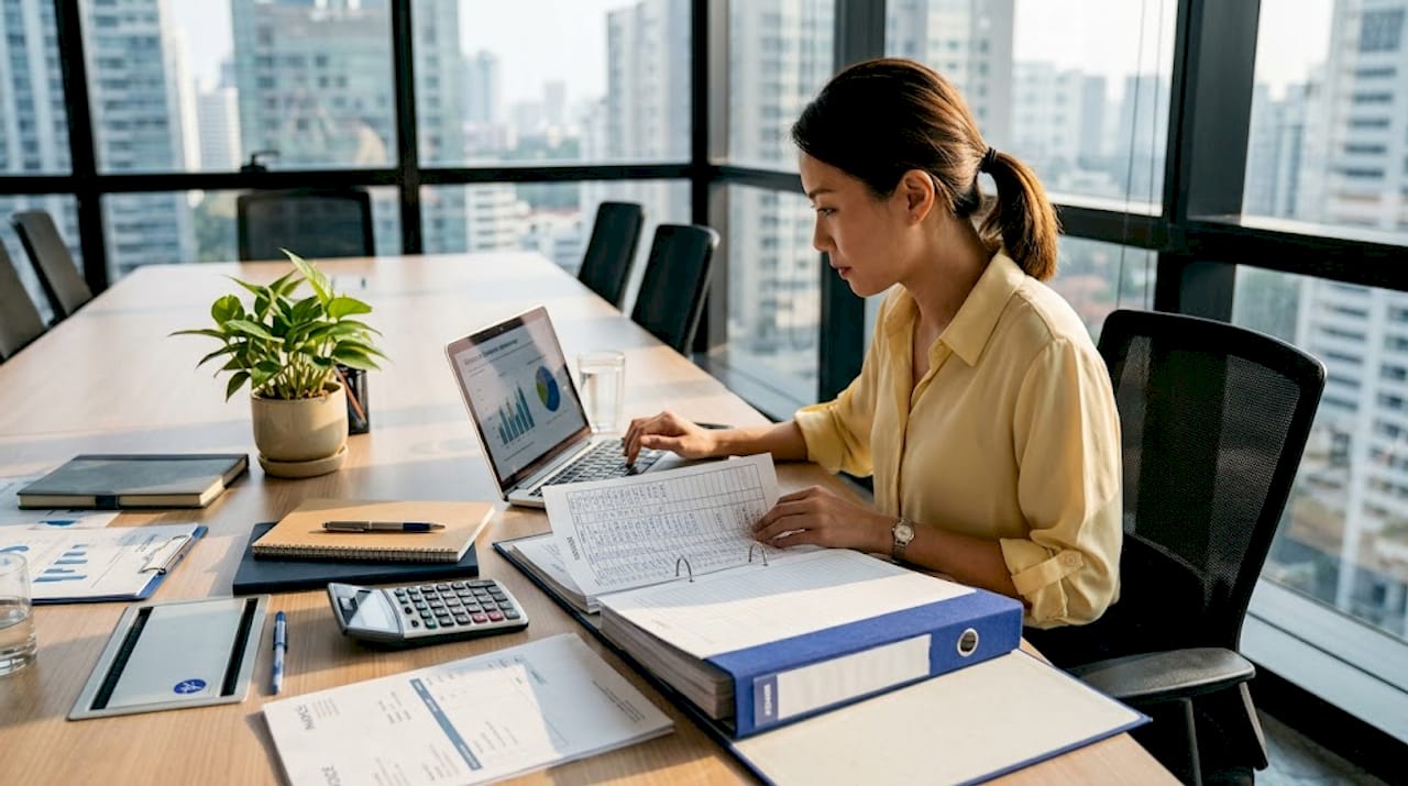 Businesswoman in Singapore reviewing bookkeeping and accounting
