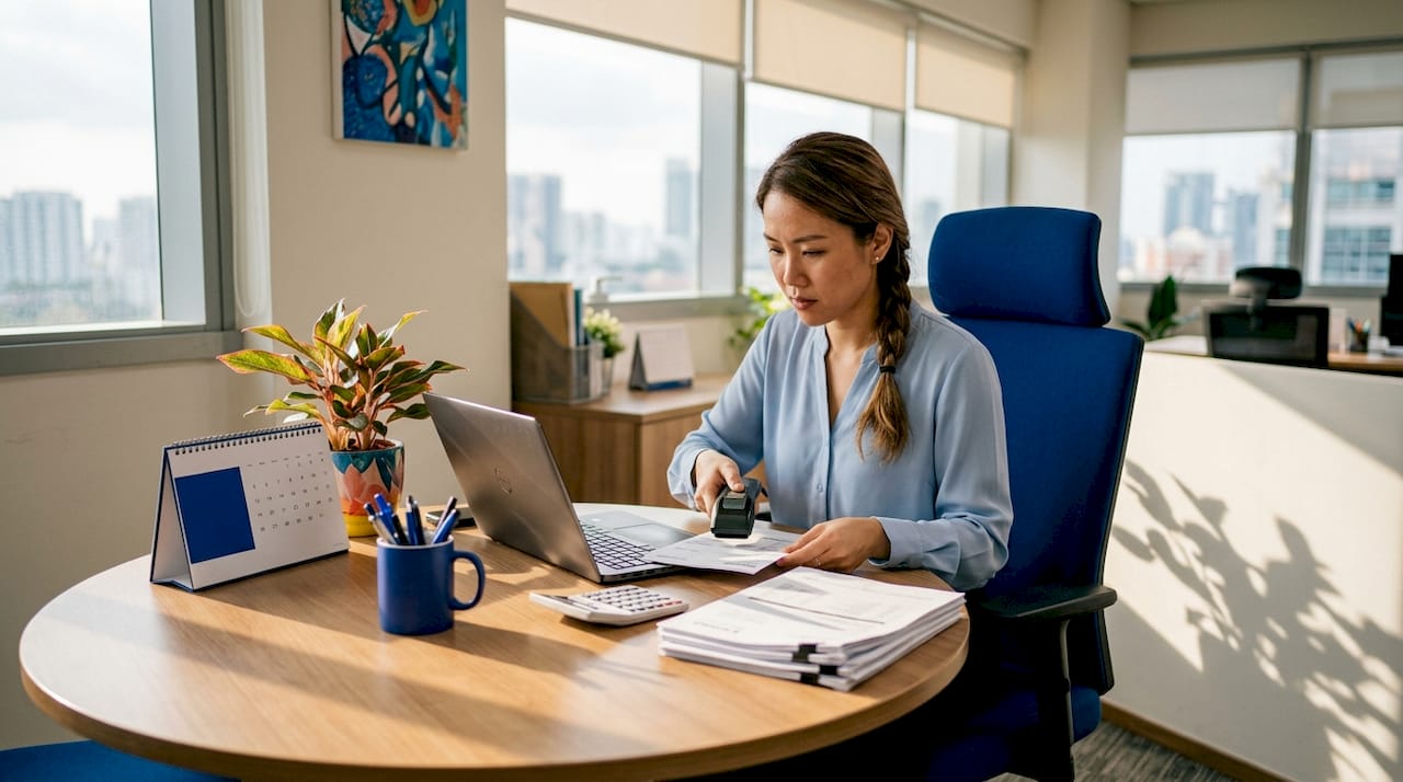 Accountant reviewing invoices in small office