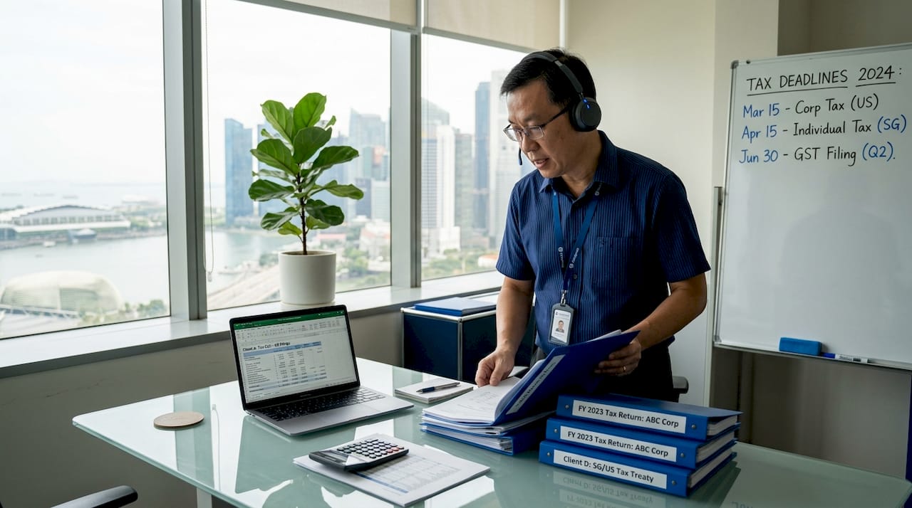 Tax advisor reviewing documents in Singapore office