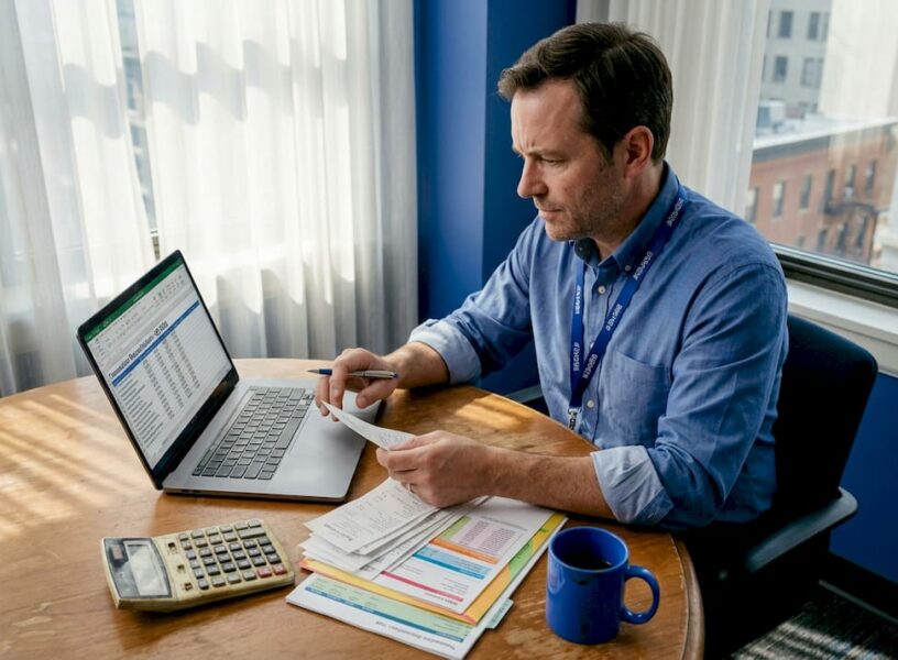 Singapore SME owner reconciling bookkeeping at desk