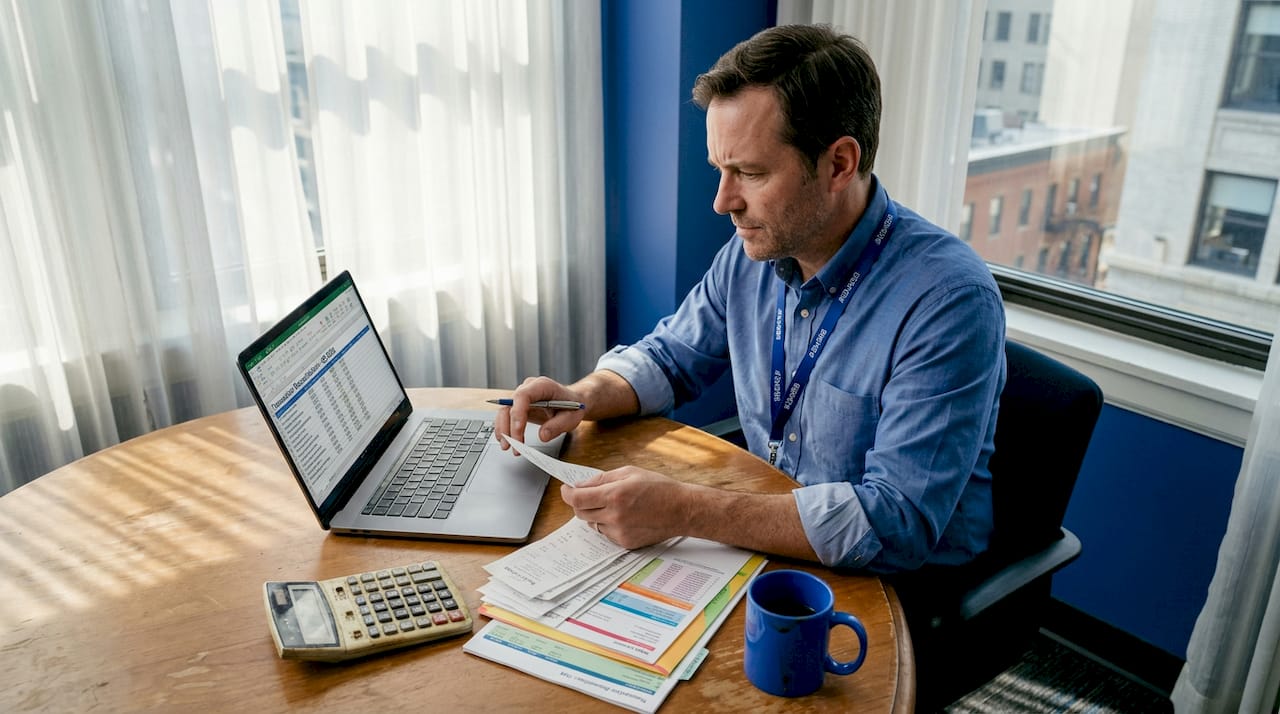 Singapore SME owner reconciling bookkeeping at desk