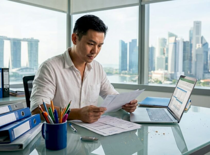 Singapore SME owner reviewing paper business records