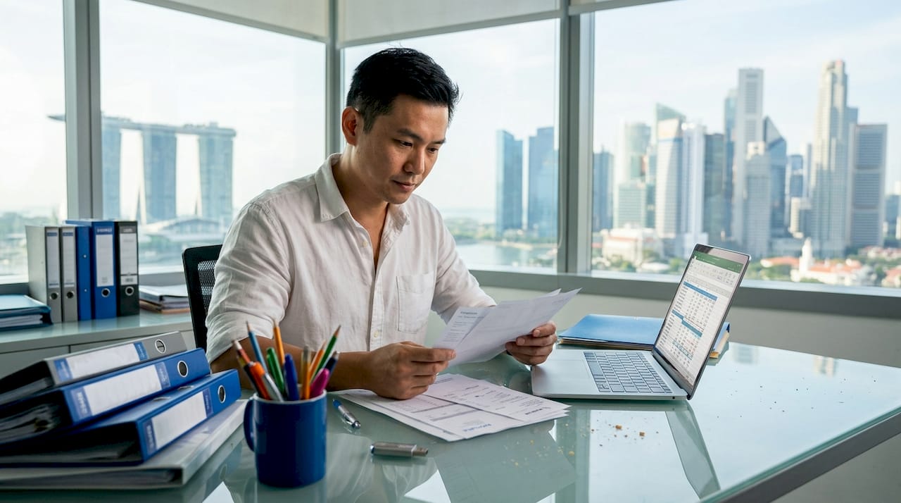 Singapore SME owner reviewing paper business records