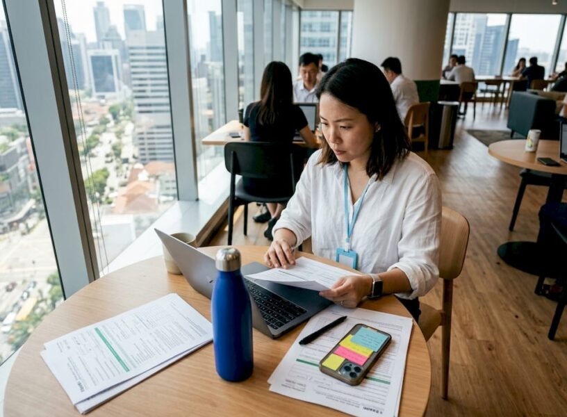 Businesswoman reviewing tax documents in open-plan office