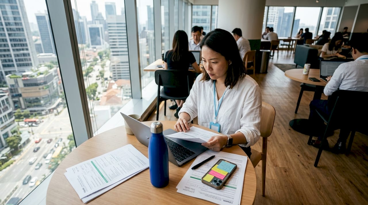 Businesswoman reviewing tax documents in open-plan office
