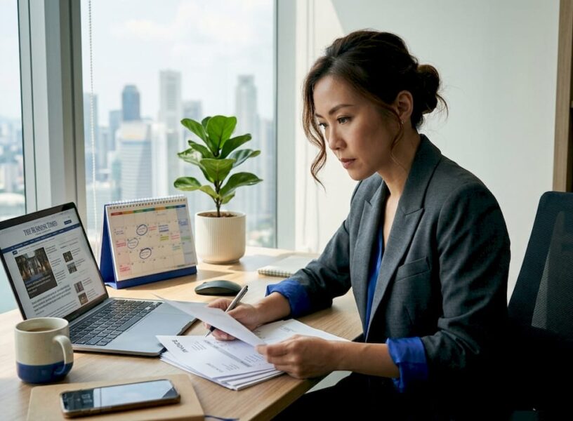 Business owner reviewing papers in office