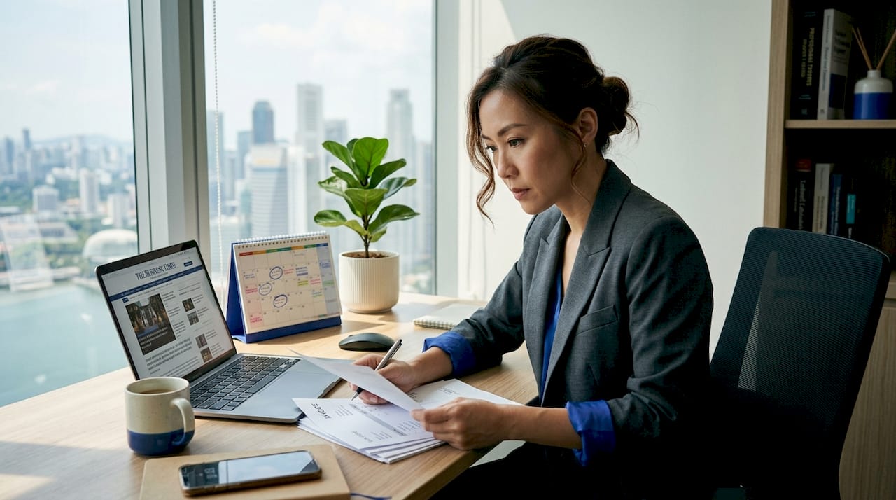 Business owner reviewing papers in office
