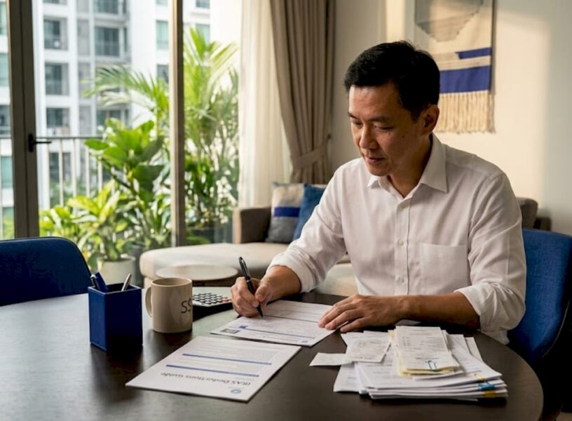 Man sorting tax forms home office Singapore