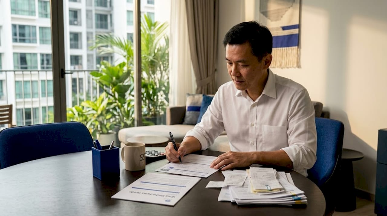 Man sorting tax forms home office Singapore