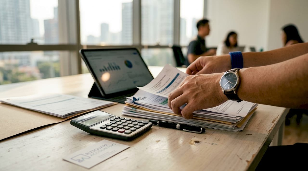 Hands sorting Singapore business tax papers on desk