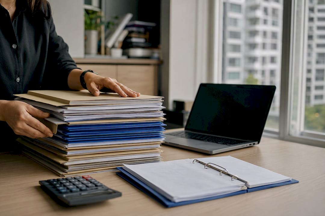 Hand organizing financial audit documents on desk