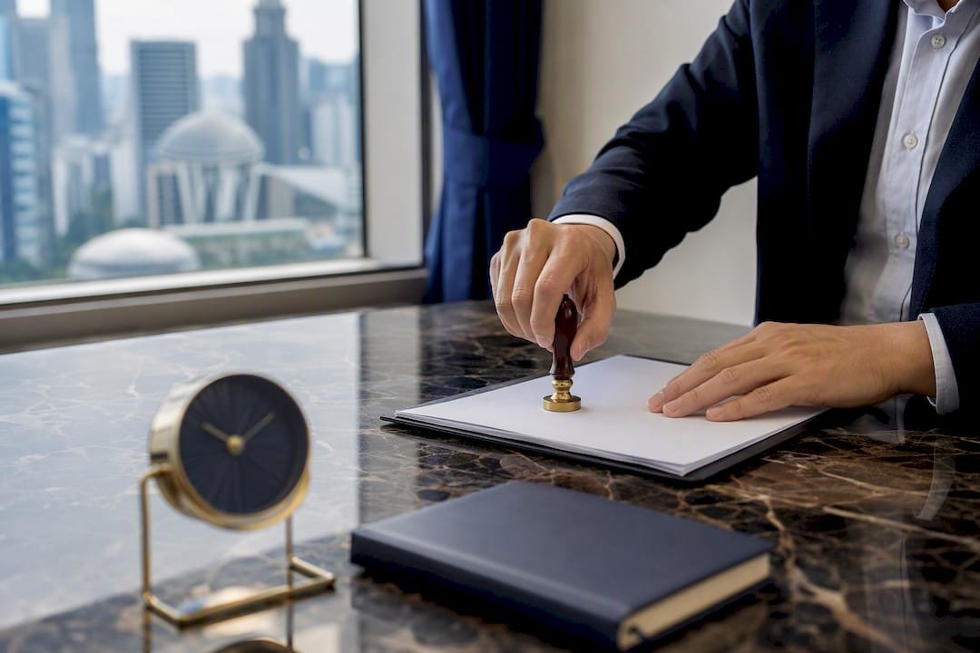 Hands embossing corporate seal on document